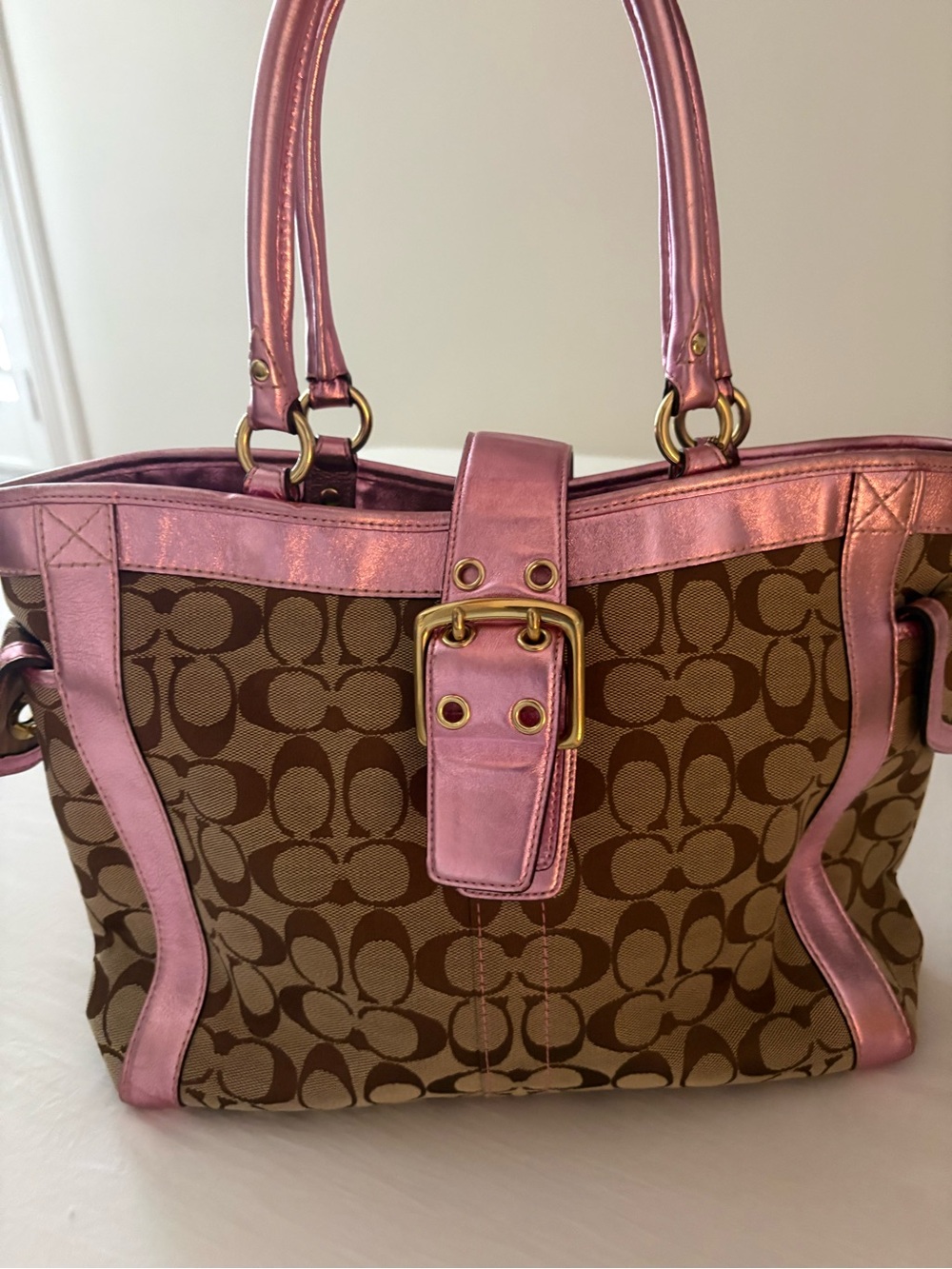 Coach Pink Trim Signature Canvas Tote